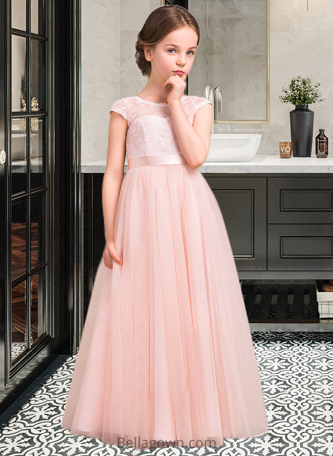 Zion A-Line Scoop Neck Floor-Length Tulle Lace Junior Bridesmaid Dress With Bow(s) DNP0013619