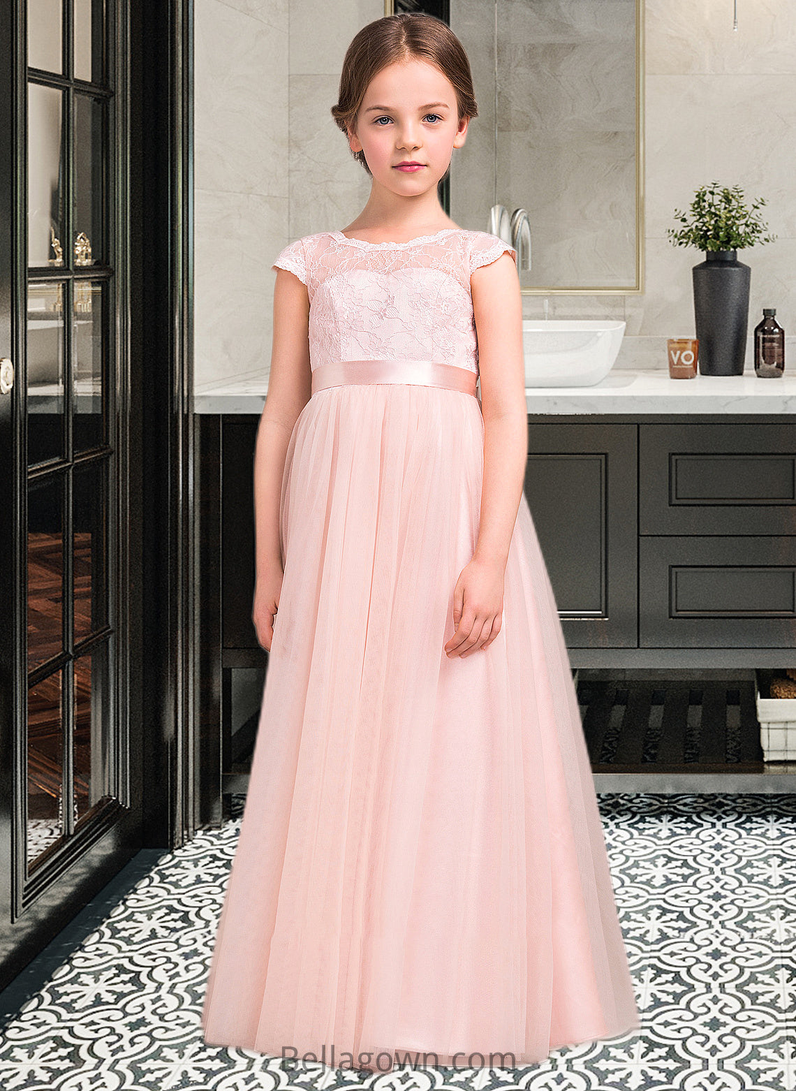 Zion A-Line Scoop Neck Floor-Length Tulle Lace Junior Bridesmaid Dress With Bow(s) DNP0013619