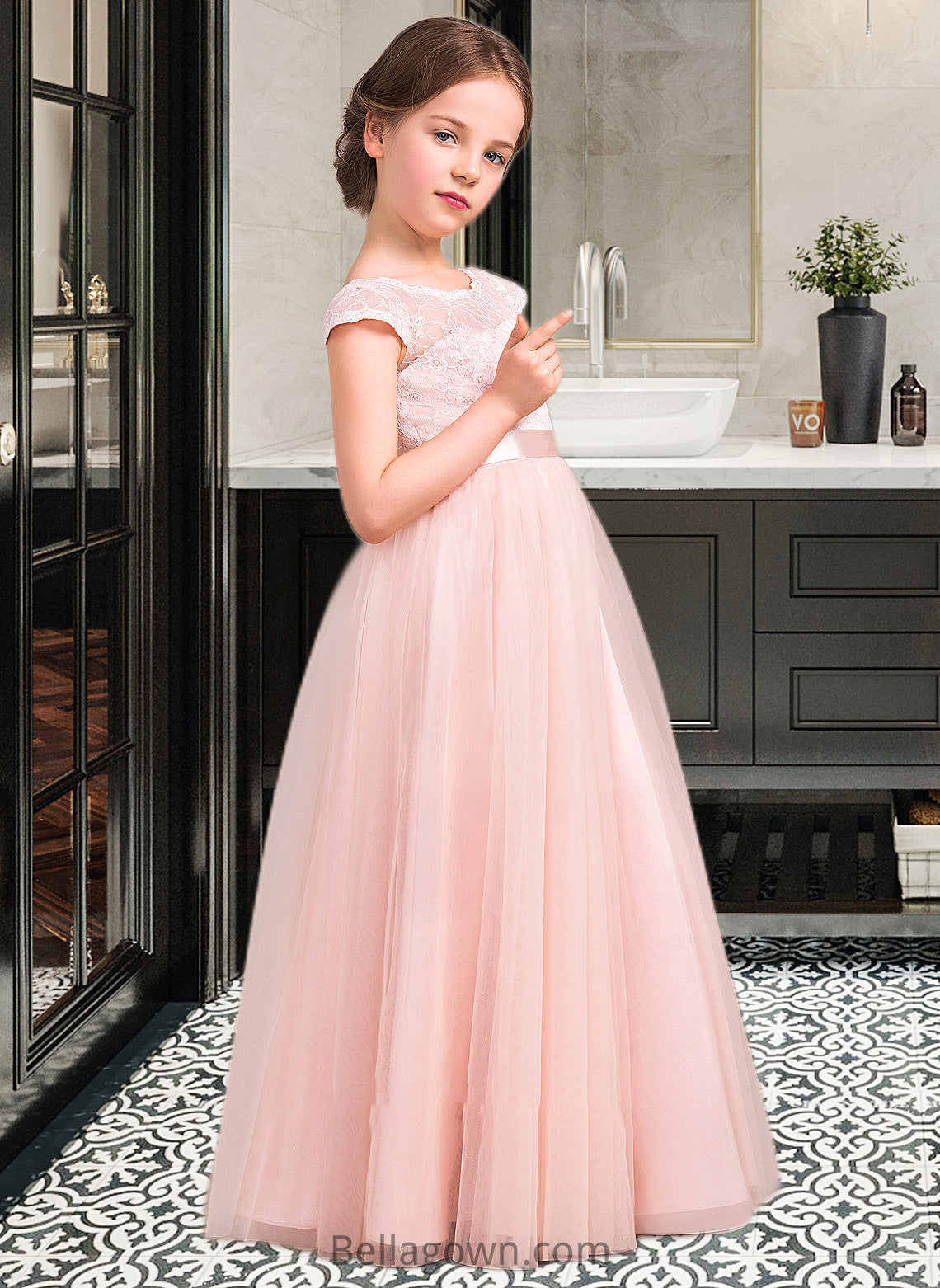 Zion A-Line Scoop Neck Floor-Length Tulle Lace Junior Bridesmaid Dress With Bow(s) DNP0013619