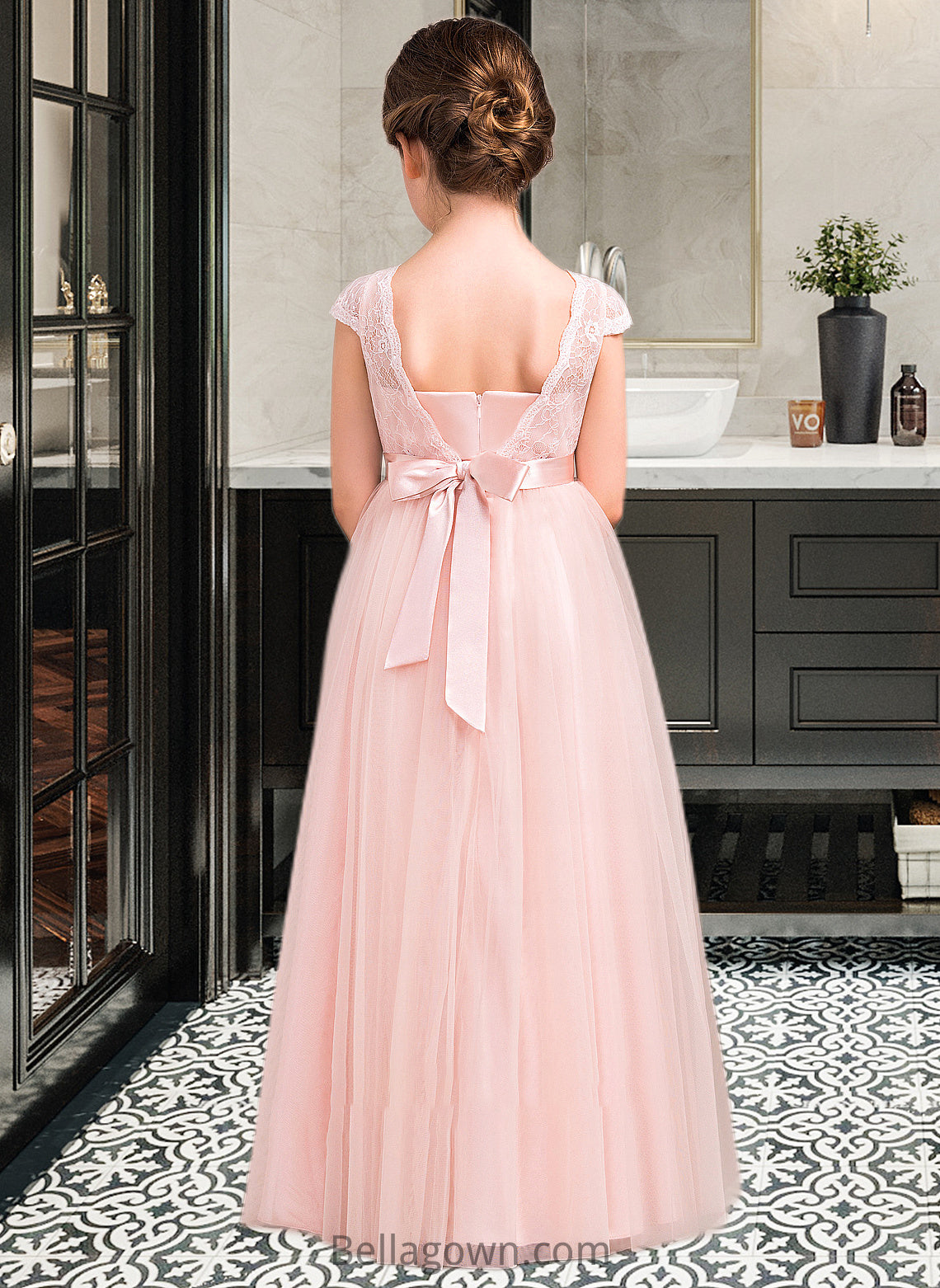 Zion A-Line Scoop Neck Floor-Length Tulle Lace Junior Bridesmaid Dress With Bow(s) DNP0013619