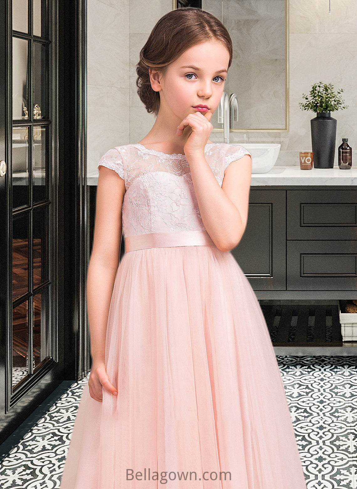 Zion A-Line Scoop Neck Floor-Length Tulle Lace Junior Bridesmaid Dress With Bow(s) DNP0013619