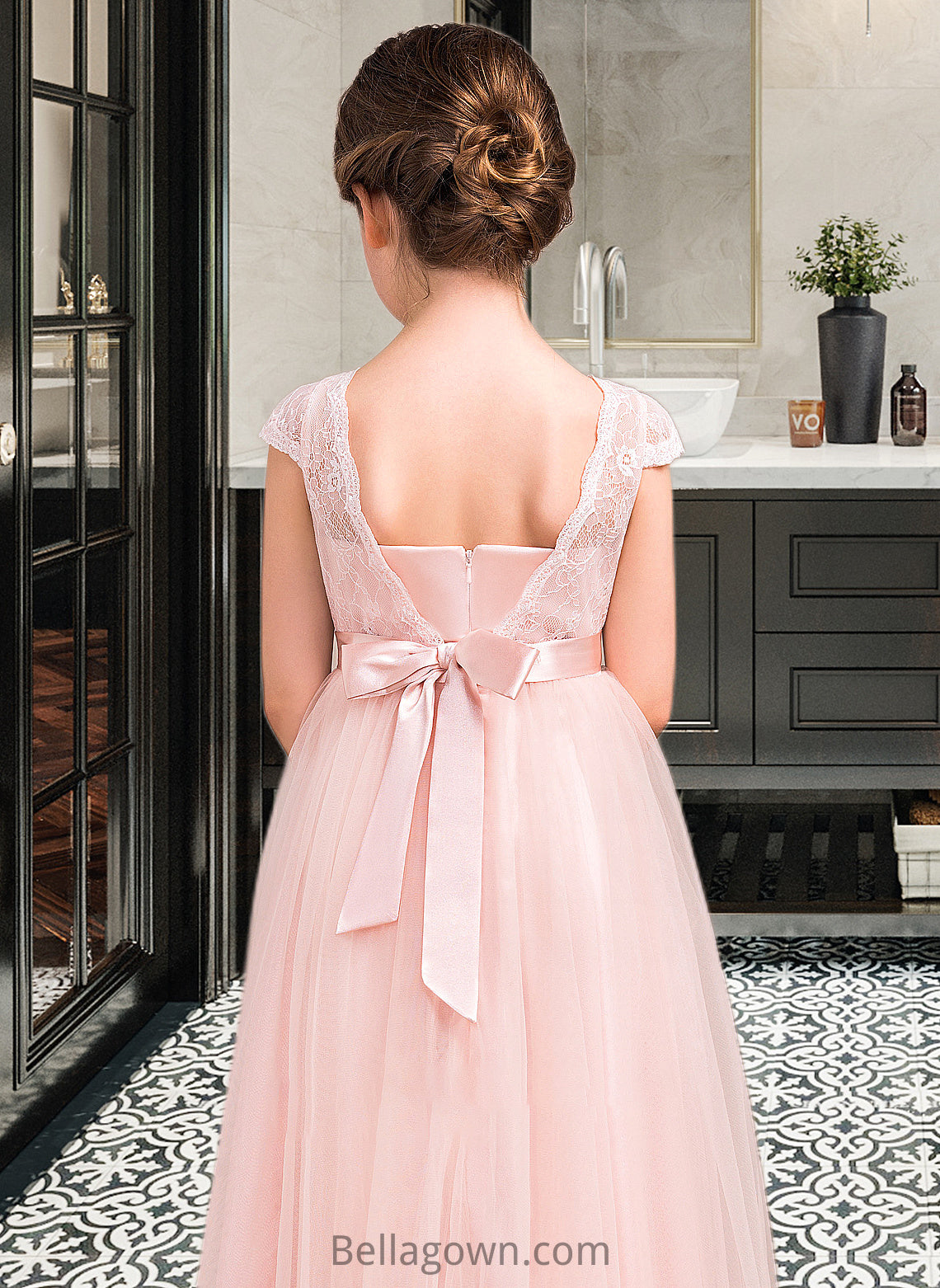 Zion A-Line Scoop Neck Floor-Length Tulle Lace Junior Bridesmaid Dress With Bow(s) DNP0013619