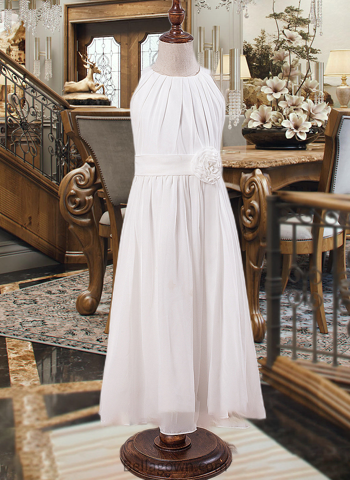 Faith A-Line Scoop Neck Ankle-Length Chiffon Junior Bridesmaid Dress With Flower(s) DNP0013621