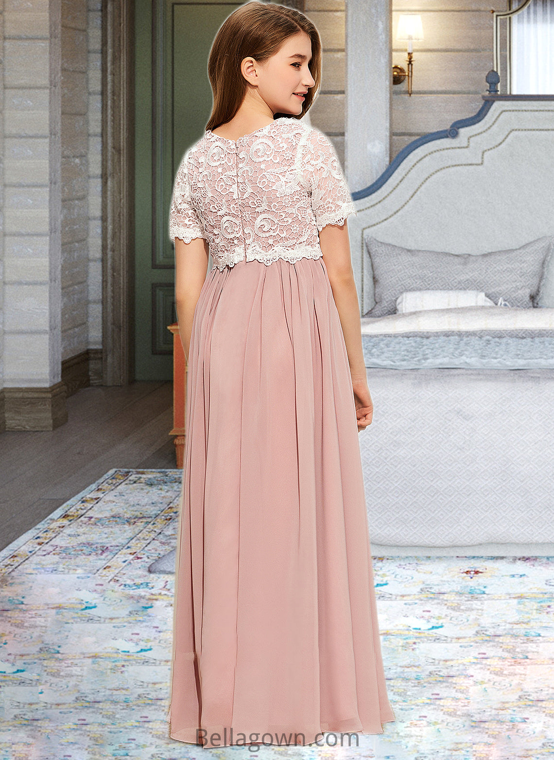 Addison A-Line Scoop Neck Floor-Length Chiffon Lace Junior Bridesmaid Dress DNP0013623