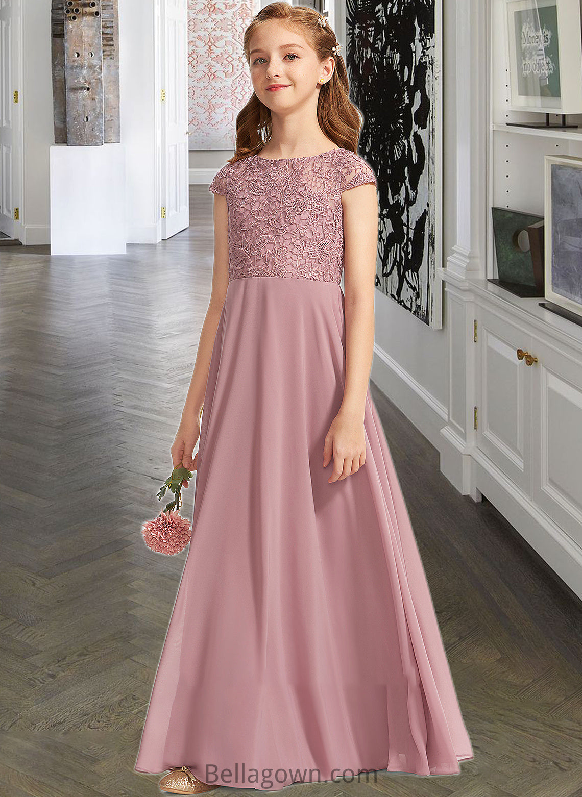 Luz A-Line Scoop Neck Floor-Length Chiffon Lace Junior Bridesmaid Dress DNP0013624