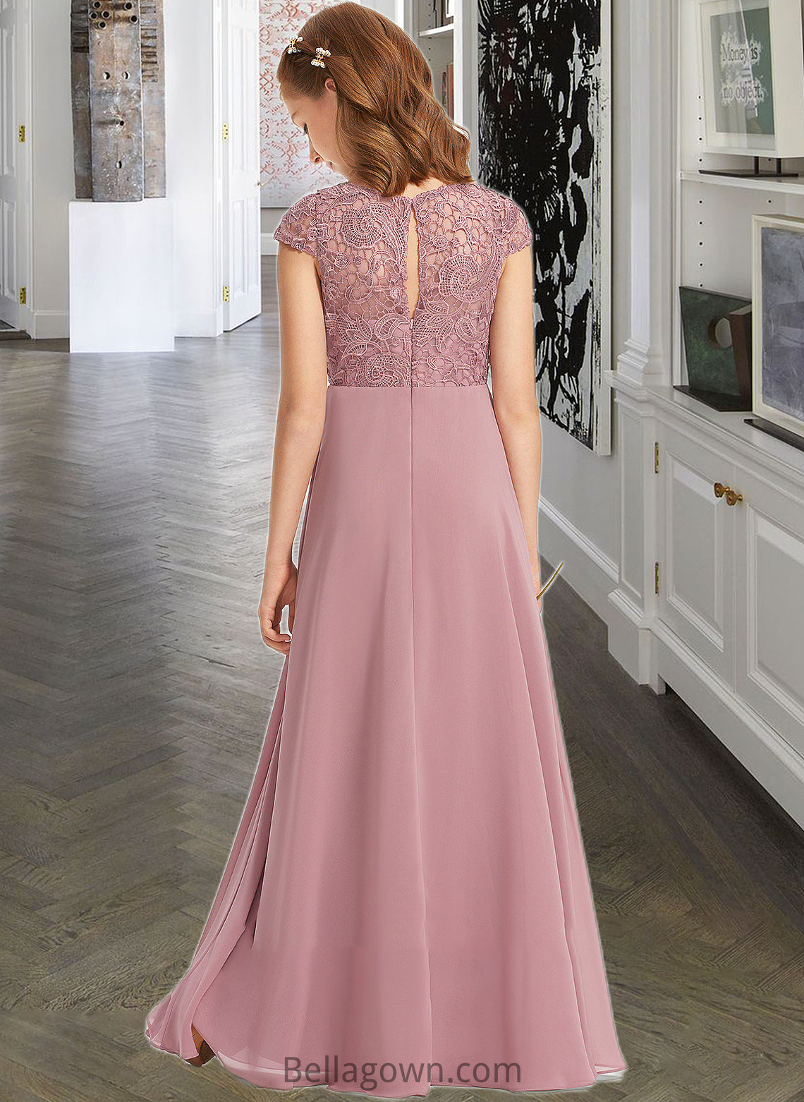 Luz A-Line Scoop Neck Floor-Length Chiffon Lace Junior Bridesmaid Dress DNP0013624