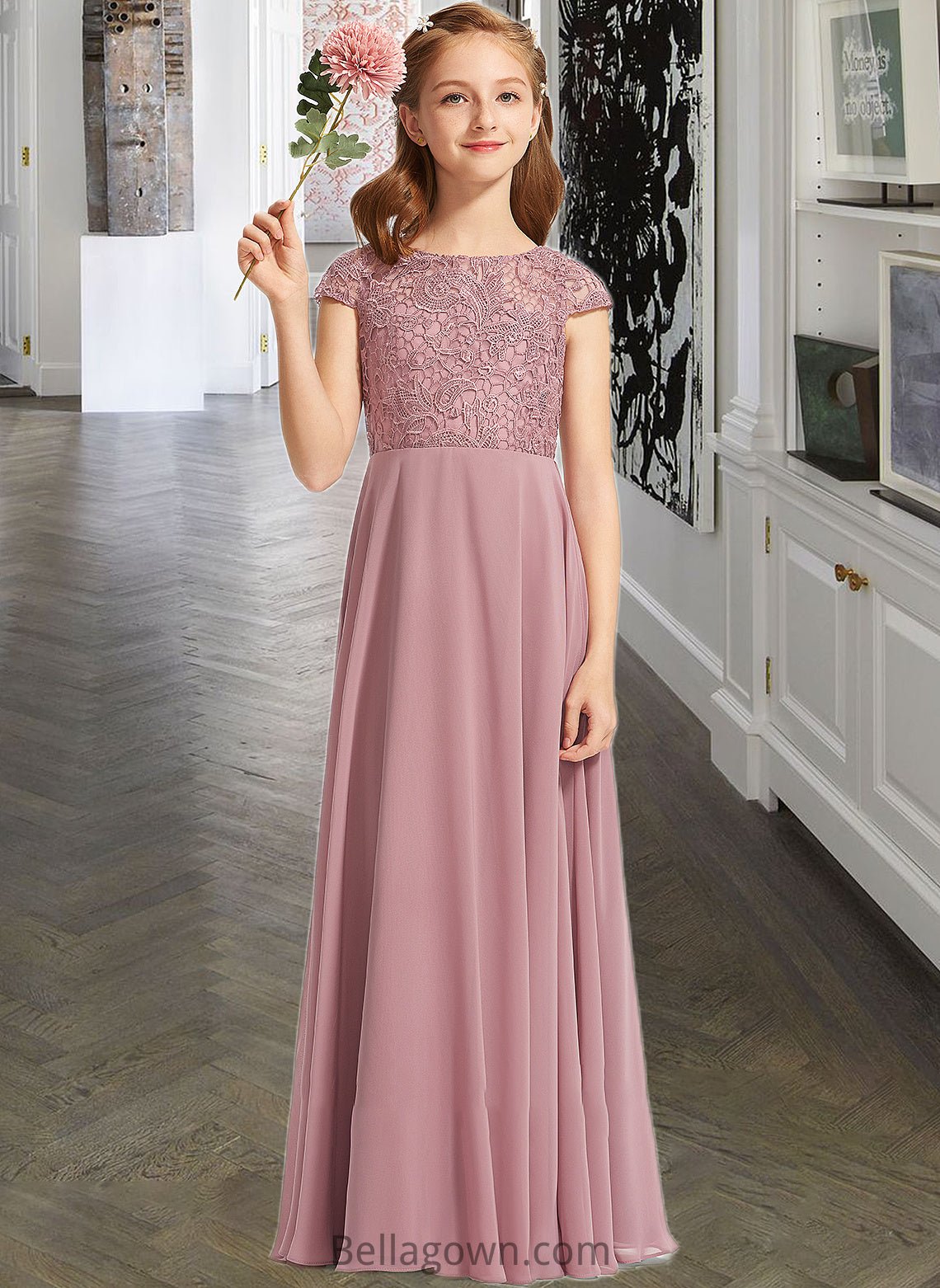 Luz A-Line Scoop Neck Floor-Length Chiffon Lace Junior Bridesmaid Dress DNP0013624