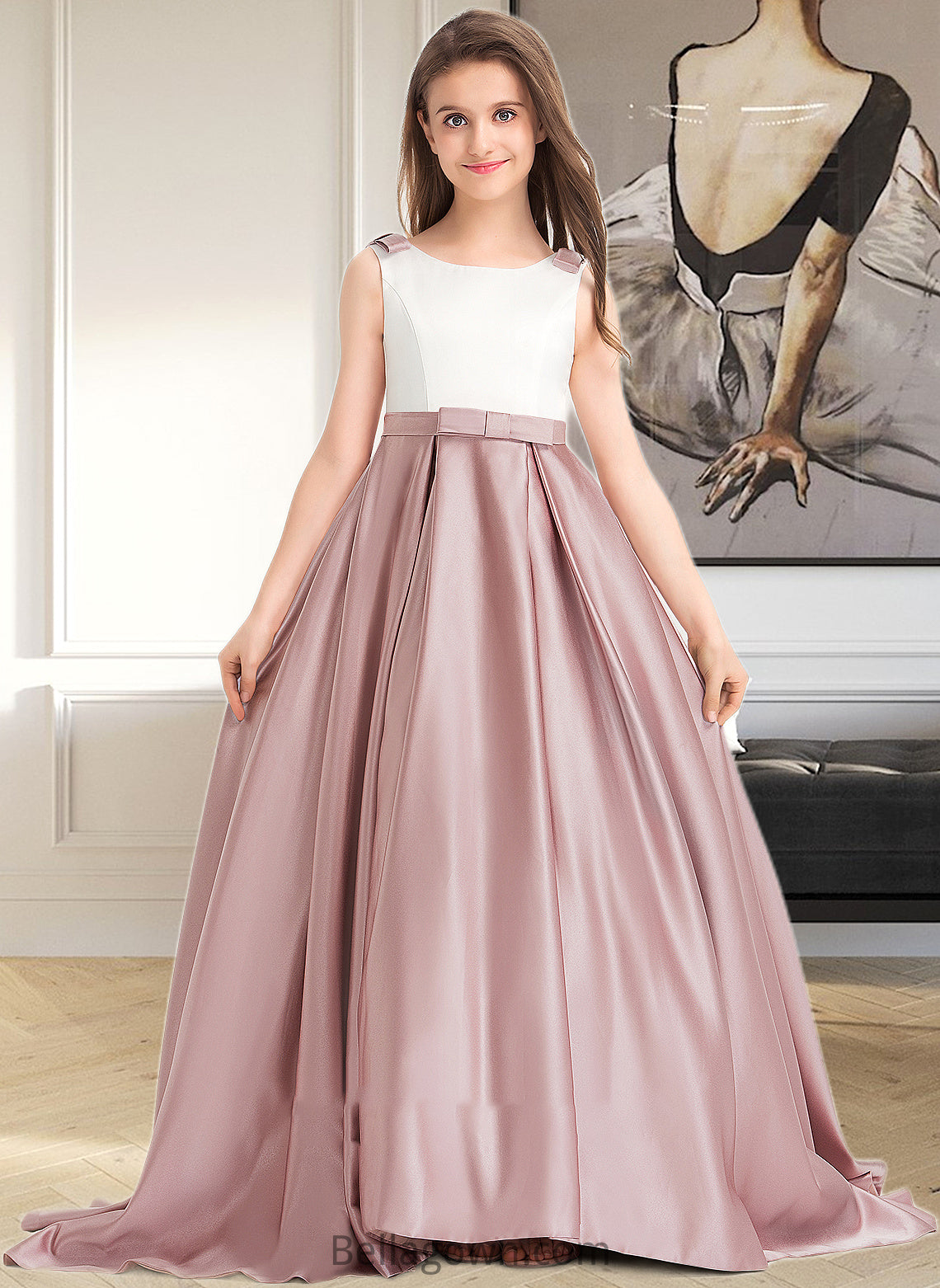 Kelly Ball-Gown/Princess Scoop Neck Sweep Train Satin Junior Bridesmaid Dress With Bow(s) Pockets DNP0013626