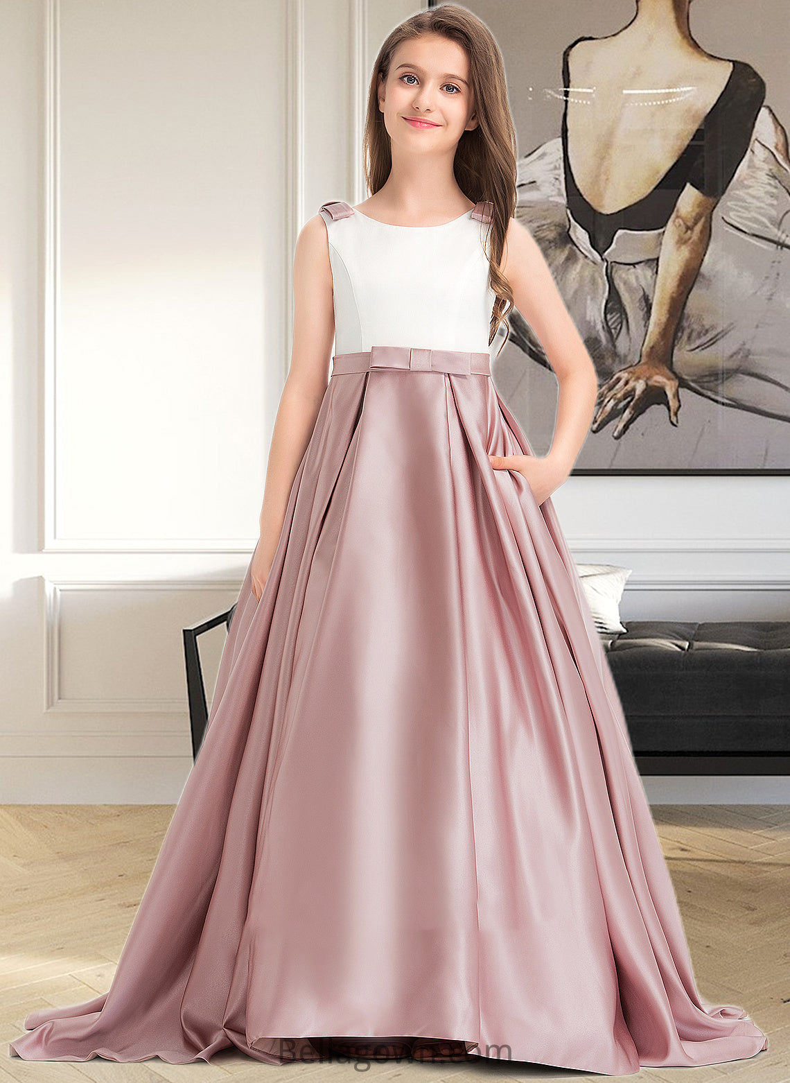 Kelly Ball-Gown/Princess Scoop Neck Sweep Train Satin Junior Bridesmaid Dress With Bow(s) Pockets DNP0013626