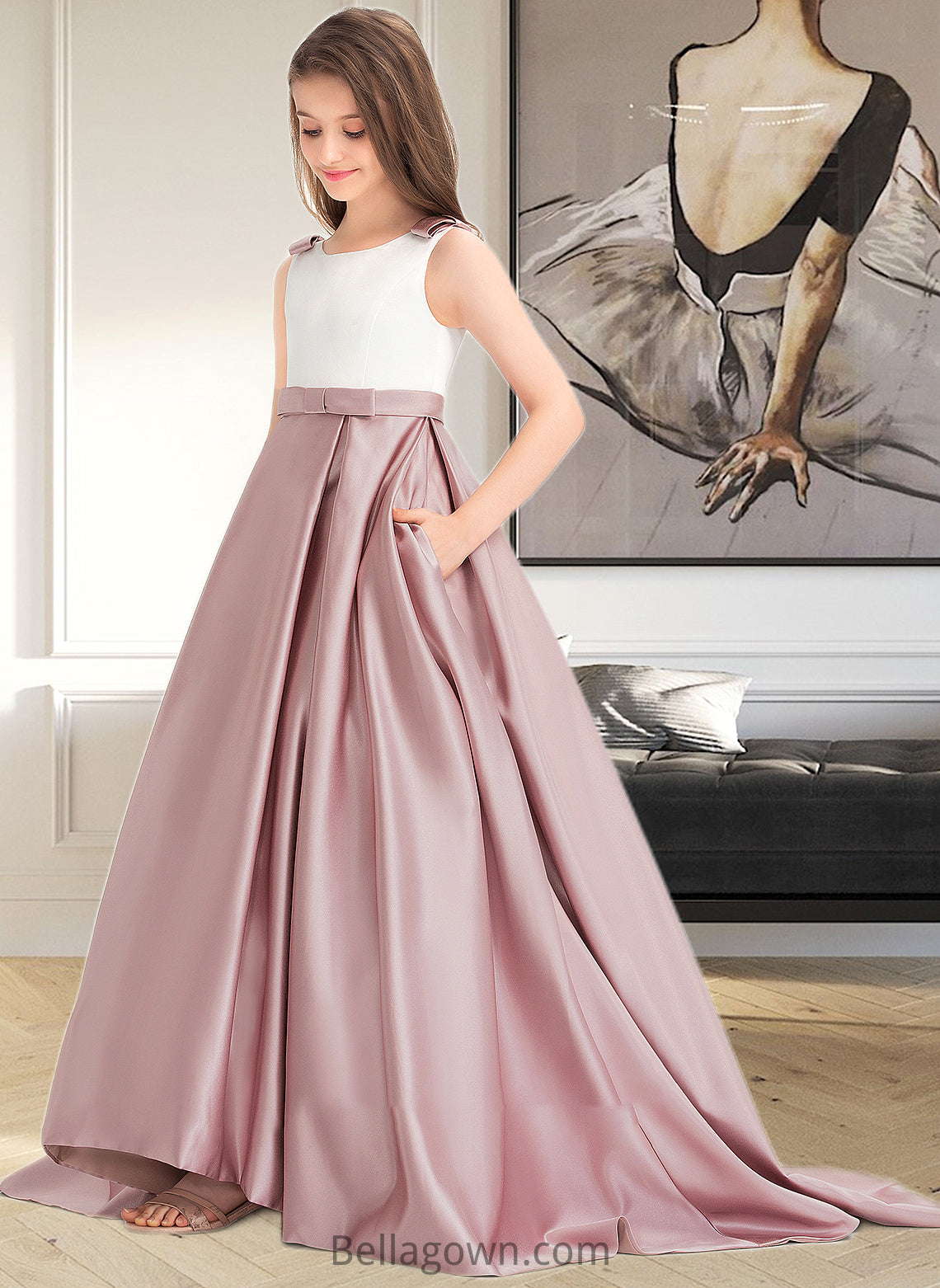 Kelly Ball-Gown/Princess Scoop Neck Sweep Train Satin Junior Bridesmaid Dress With Bow(s) Pockets DNP0013626