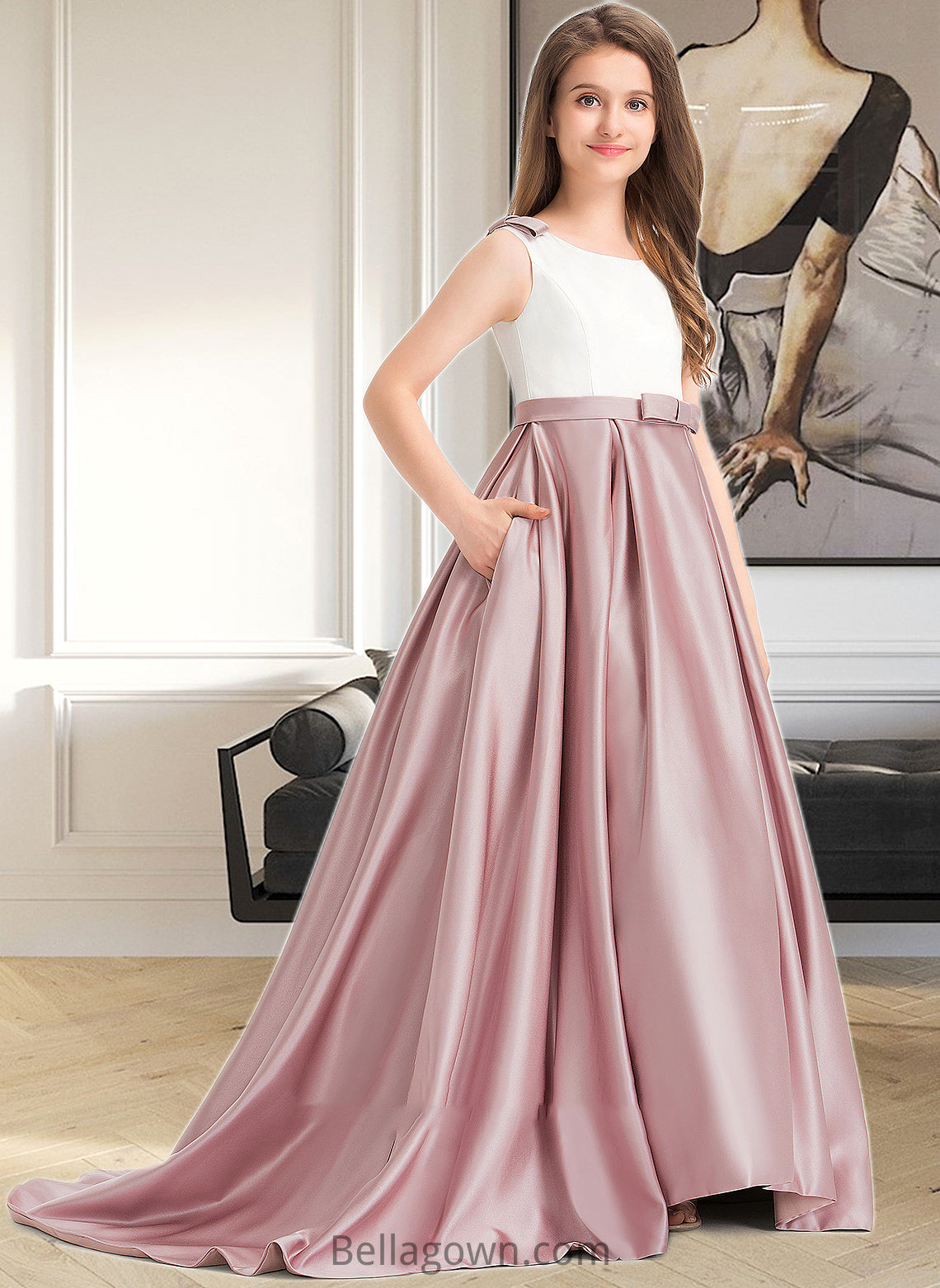 Kelly Ball-Gown/Princess Scoop Neck Sweep Train Satin Junior Bridesmaid Dress With Bow(s) Pockets DNP0013626