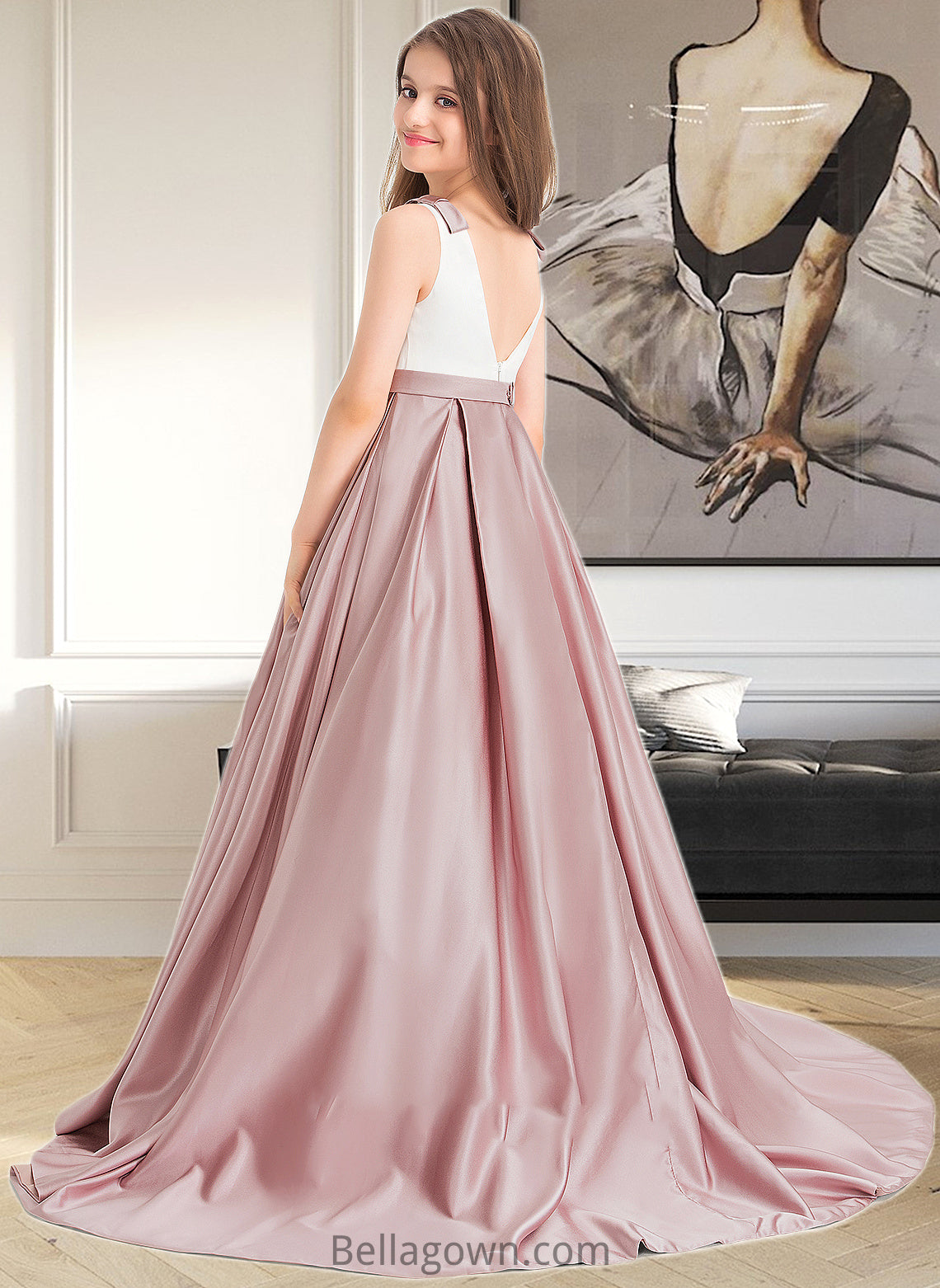 Kelly Ball-Gown/Princess Scoop Neck Sweep Train Satin Junior Bridesmaid Dress With Bow(s) Pockets DNP0013626