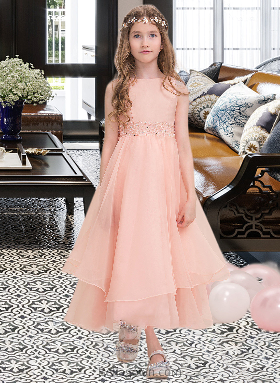 Jaylen A-Line Scoop Neck Ankle-Length Organza Junior Bridesmaid Dress With Beading Sequins DNP0013633