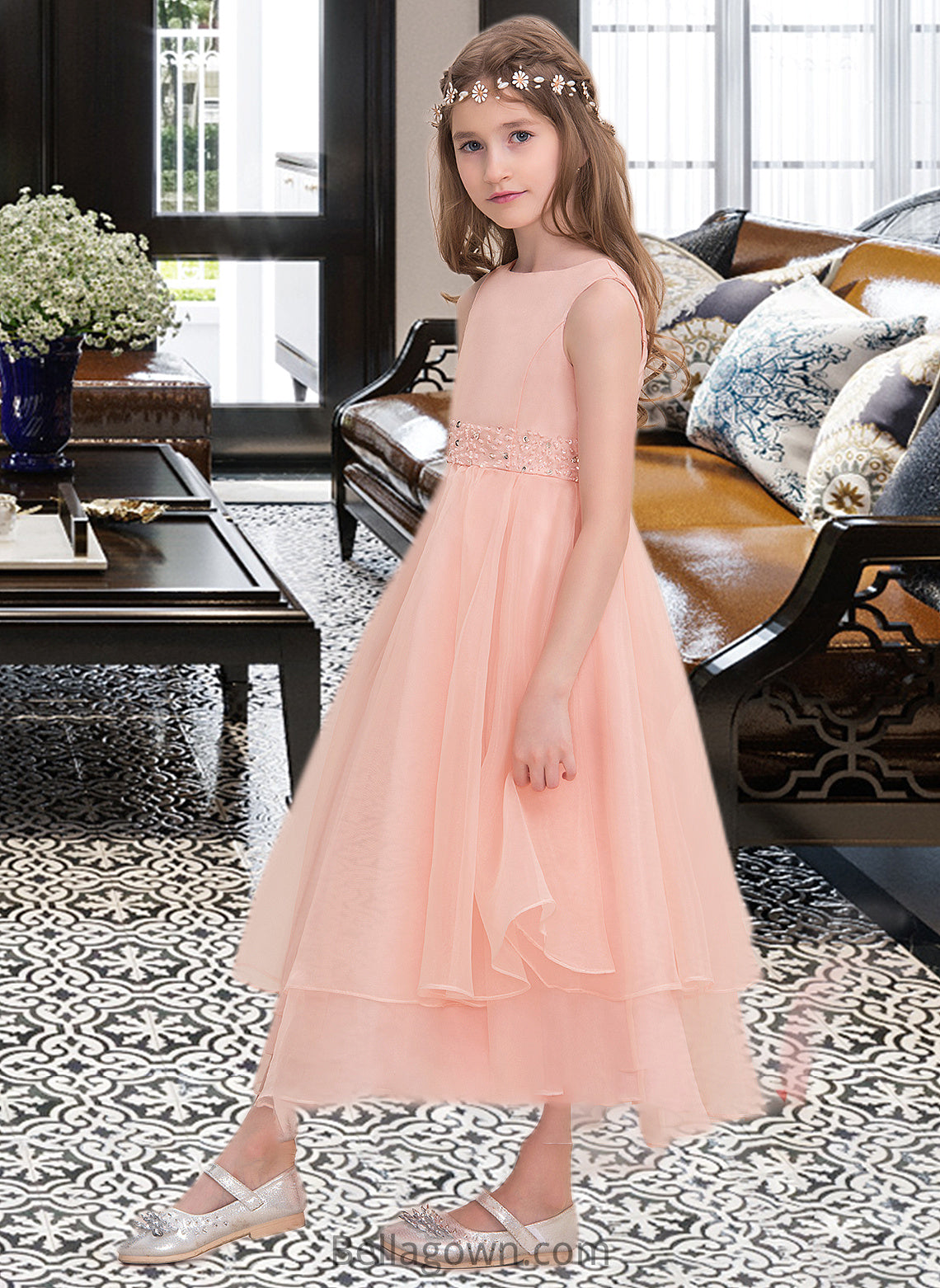 Jaylen A-Line Scoop Neck Ankle-Length Organza Junior Bridesmaid Dress With Beading Sequins DNP0013633