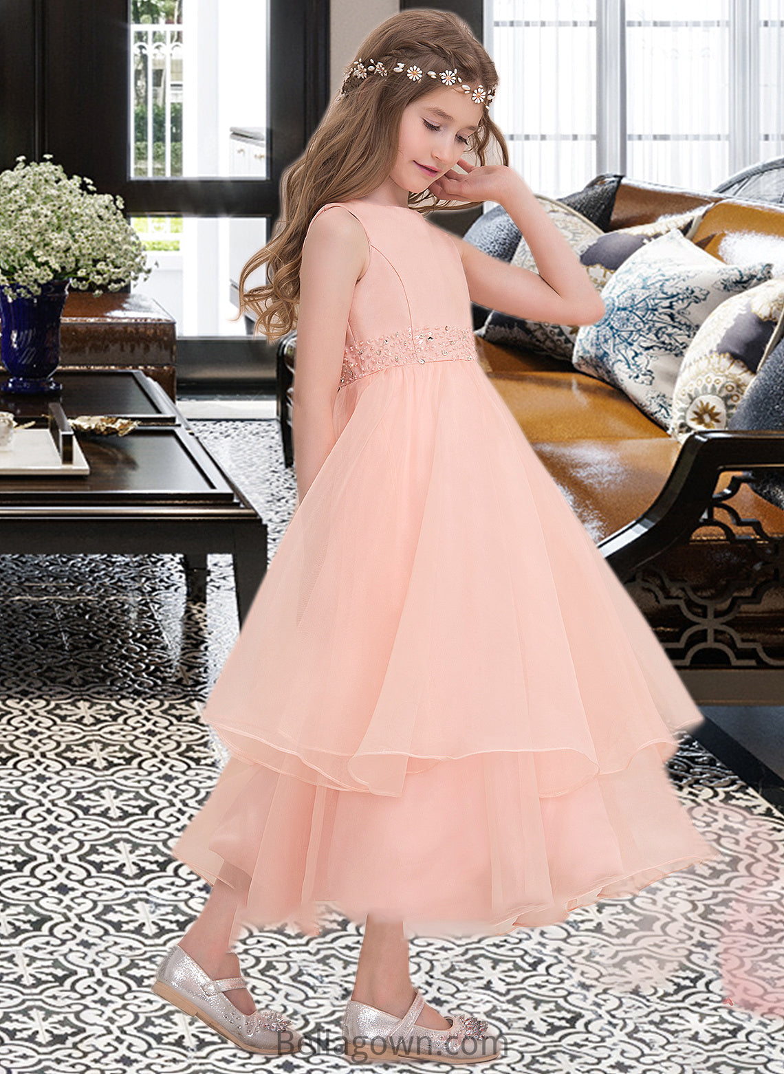 Jaylen A-Line Scoop Neck Ankle-Length Organza Junior Bridesmaid Dress With Beading Sequins DNP0013633