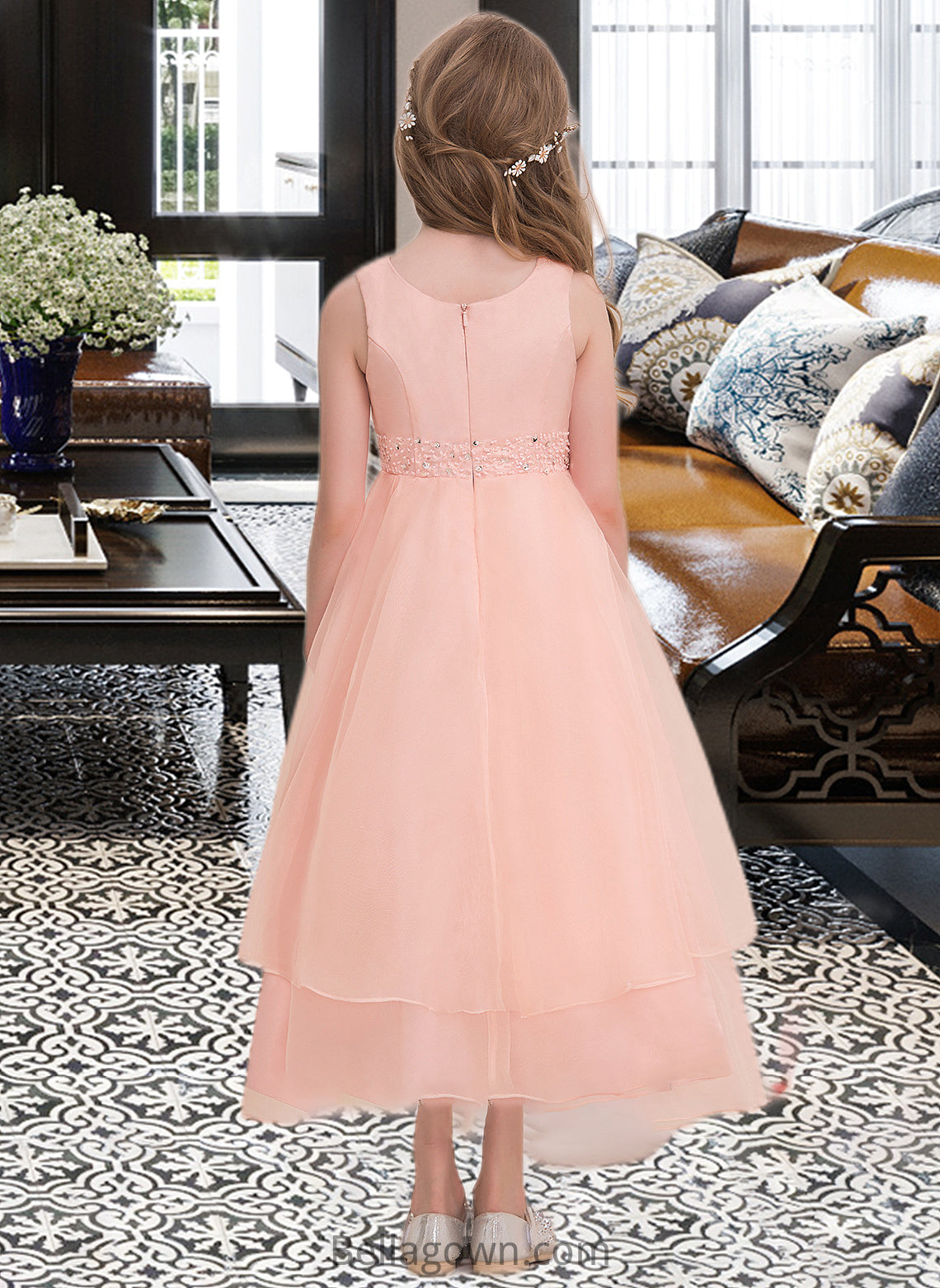 Jaylen A-Line Scoop Neck Ankle-Length Organza Junior Bridesmaid Dress With Beading Sequins DNP0013633