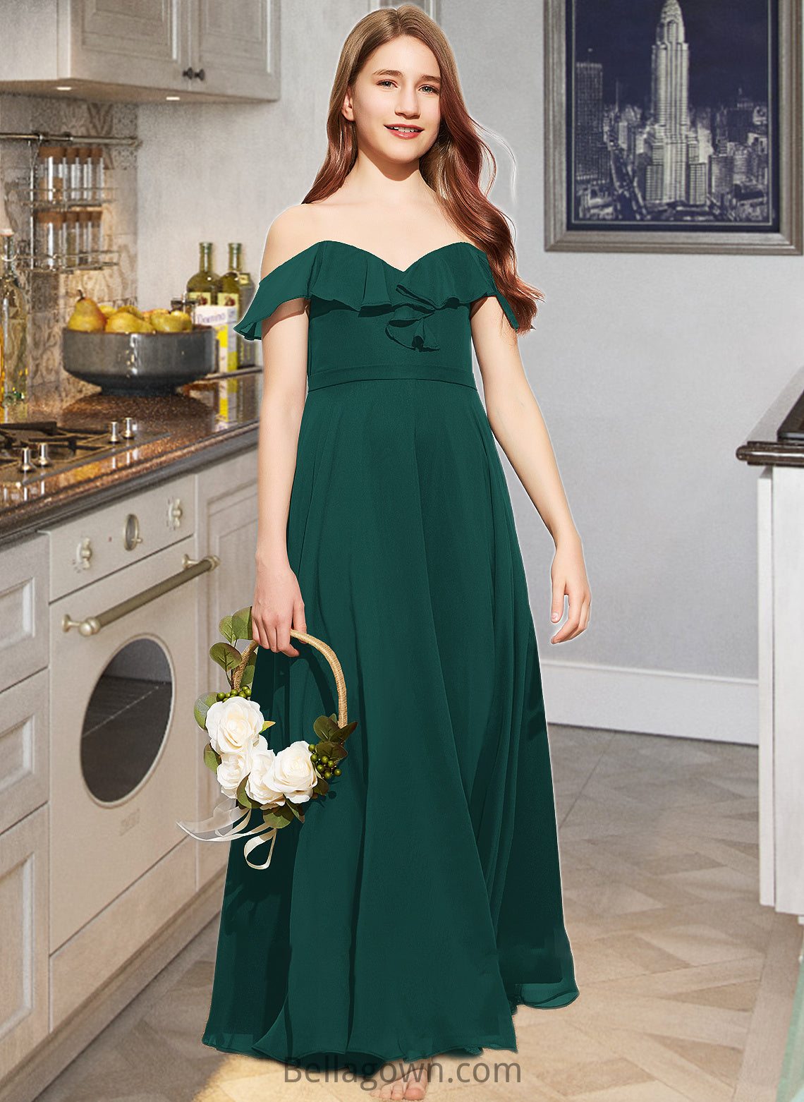 Janae A-Line Off-the-Shoulder Floor-Length Chiffon Junior Bridesmaid Dress With Cascading Ruffles DNP0013635