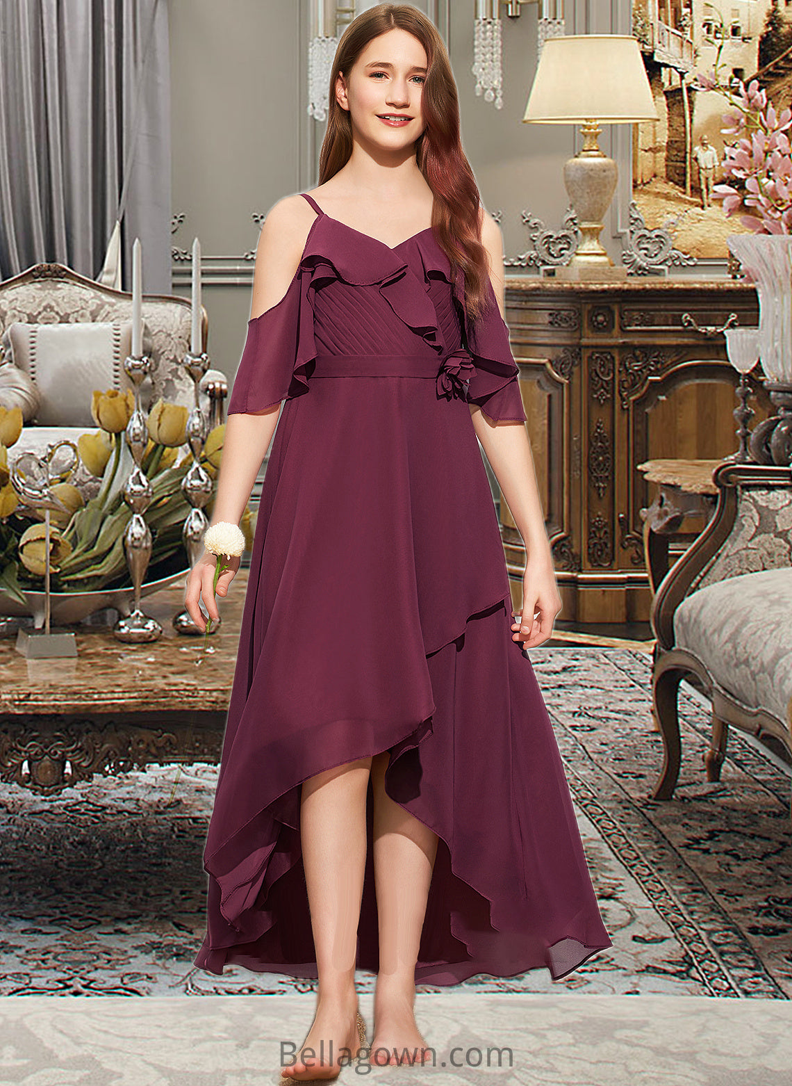 Janessa A-Line Off-the-Shoulder Asymmetrical Chiffon Junior Bridesmaid Dress With Cascading Ruffles DNP0013636