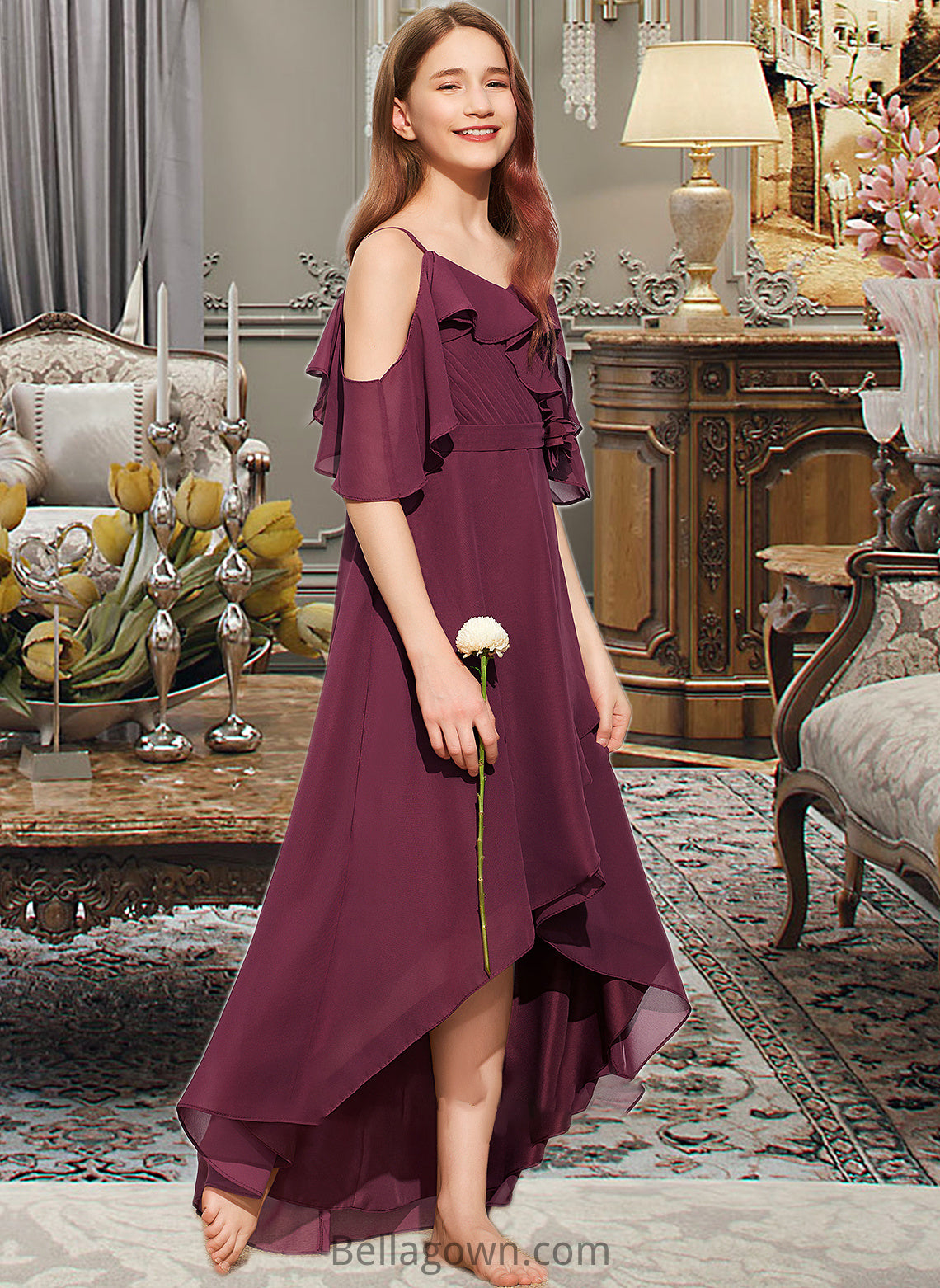 Janessa A-Line Off-the-Shoulder Asymmetrical Chiffon Junior Bridesmaid Dress With Cascading Ruffles DNP0013636