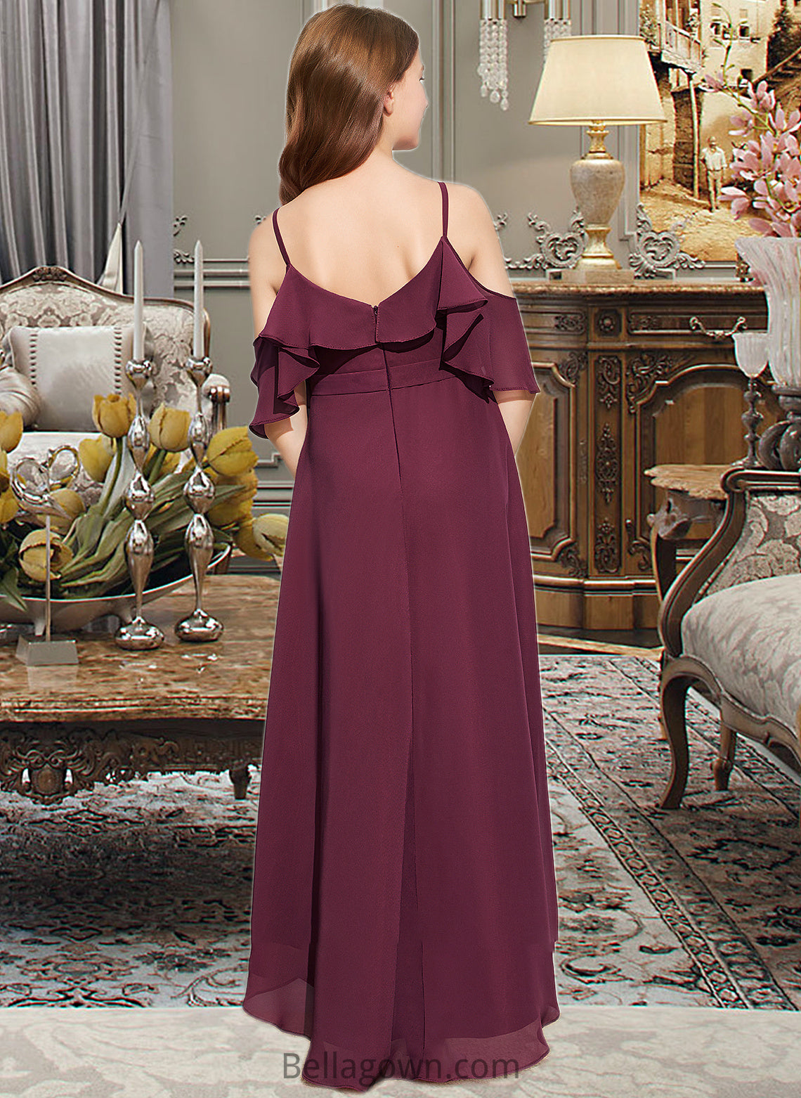 Janessa A-Line Off-the-Shoulder Asymmetrical Chiffon Junior Bridesmaid Dress With Cascading Ruffles DNP0013636