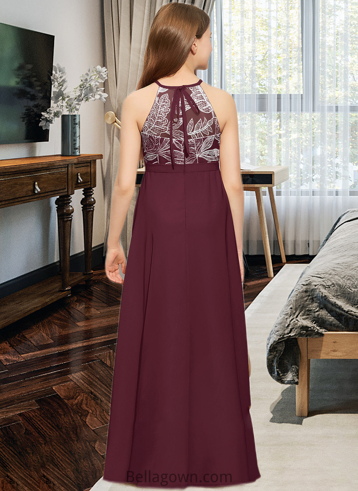 Sariah A-Line Scoop Neck Floor-Length Chiffon Lace Junior Bridesmaid Dress With Bow(s) DNP0013637