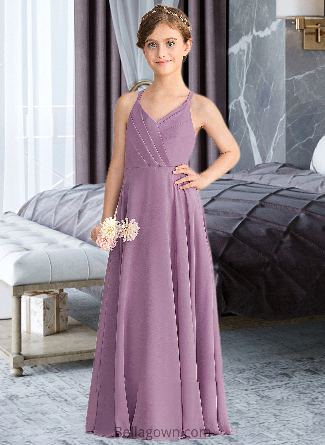 Susie A-Line V-neck Floor-Length Chiffon Junior Bridesmaid Dress With Cascading Ruffles DNP0013644