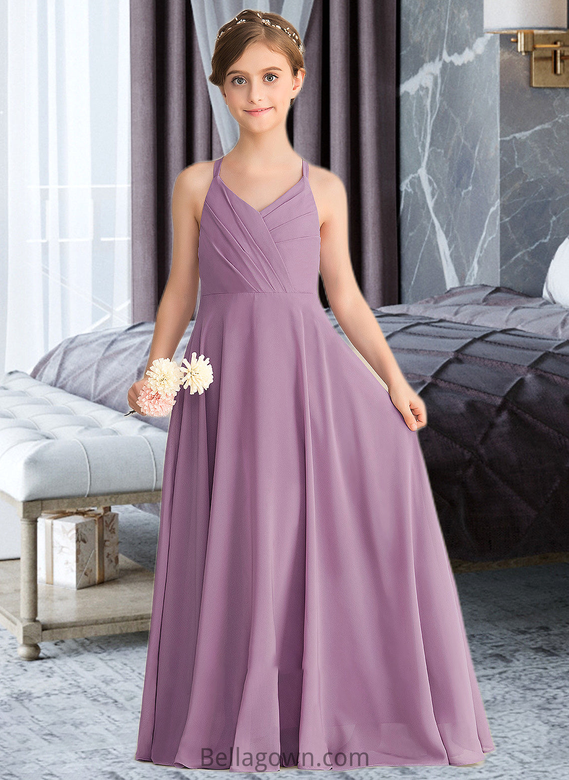 Susie A-Line V-neck Floor-Length Chiffon Junior Bridesmaid Dress With Cascading Ruffles DNP0013644