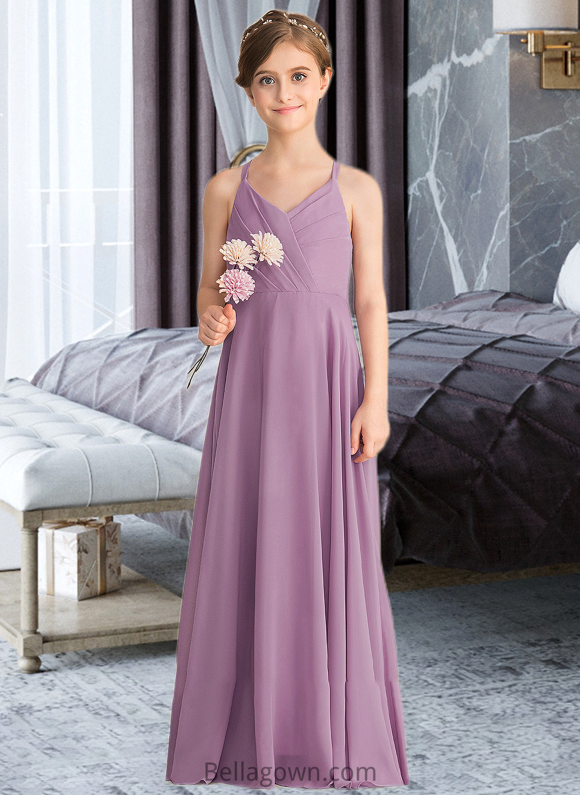 Susie A-Line V-neck Floor-Length Chiffon Junior Bridesmaid Dress With Cascading Ruffles DNP0013644