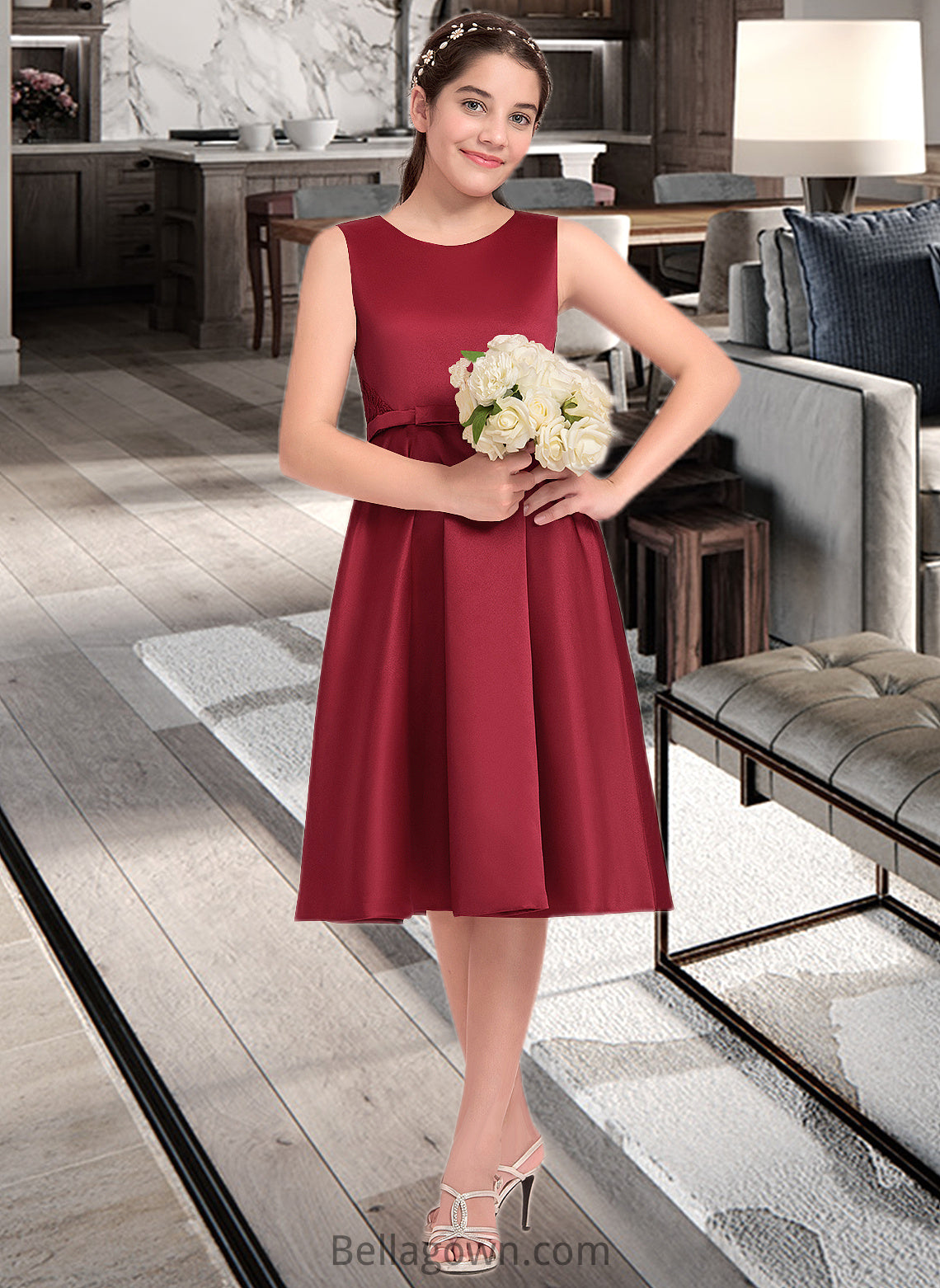 Renee A-Line Scoop Neck Knee-Length Satin Junior Bridesmaid Dress With Lace Bow(s) DNP0013646