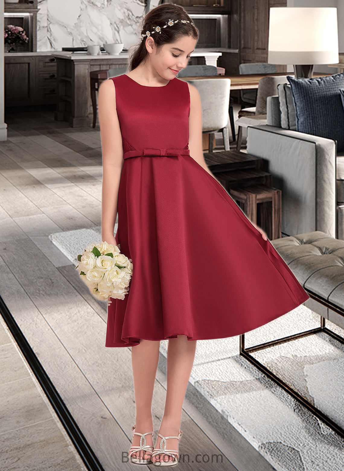 Renee A-Line Scoop Neck Knee-Length Satin Junior Bridesmaid Dress With Lace Bow(s) DNP0013646