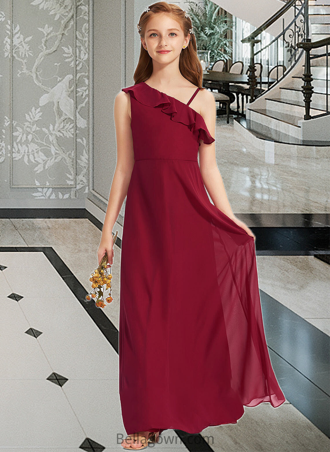 Mylee A-Line One-Shoulder Floor-Length Chiffon Junior Bridesmaid Dress With Ruffles DNP0013650