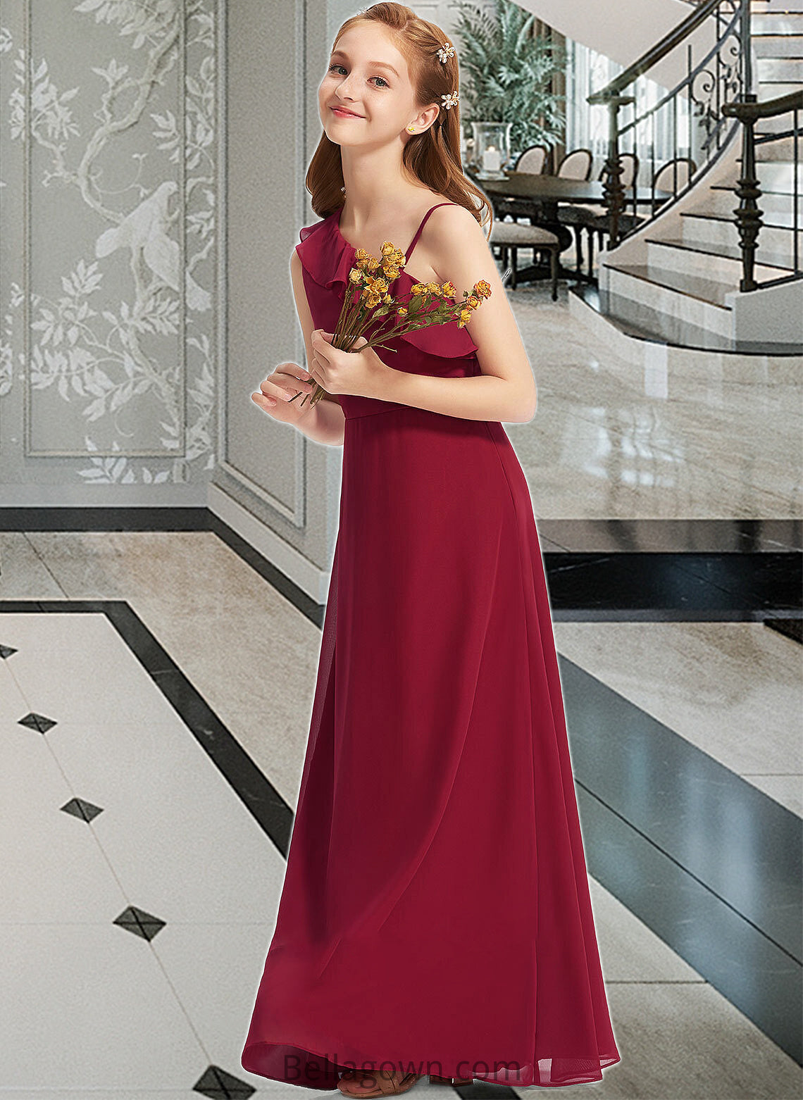 Mylee A-Line One-Shoulder Floor-Length Chiffon Junior Bridesmaid Dress With Ruffles DNP0013650