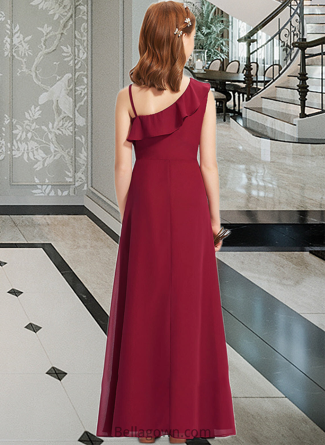 Mylee A-Line One-Shoulder Floor-Length Chiffon Junior Bridesmaid Dress With Ruffles DNP0013650