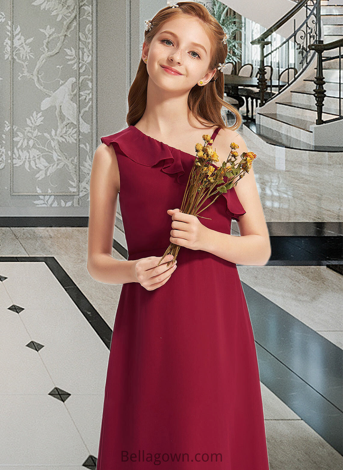 Mylee A-Line One-Shoulder Floor-Length Chiffon Junior Bridesmaid Dress With Ruffles DNP0013650