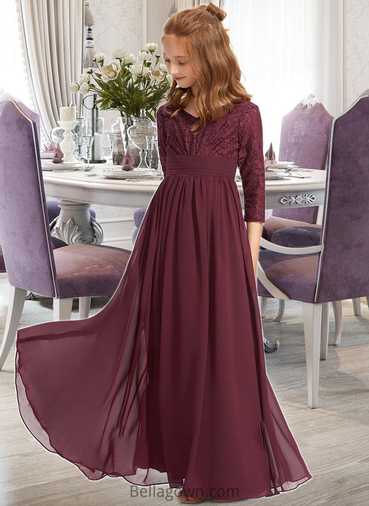 Rosalie A-Line V-neck Floor-Length Chiffon Lace Junior Bridesmaid Dress DNP0013652