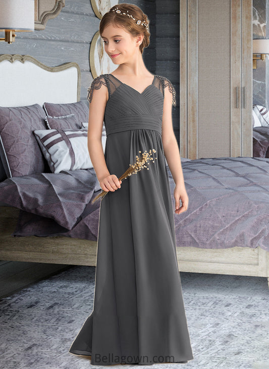 Anne A-Line V-neck Floor-Length Chiffon Junior Bridesmaid Dress With Ruffle Beading DNP0013653