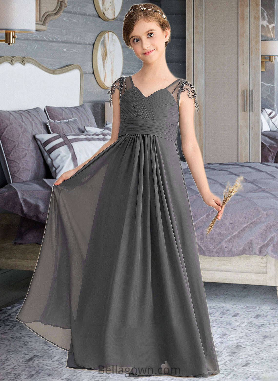 Anne A-Line V-neck Floor-Length Chiffon Junior Bridesmaid Dress With Ruffle Beading DNP0013653