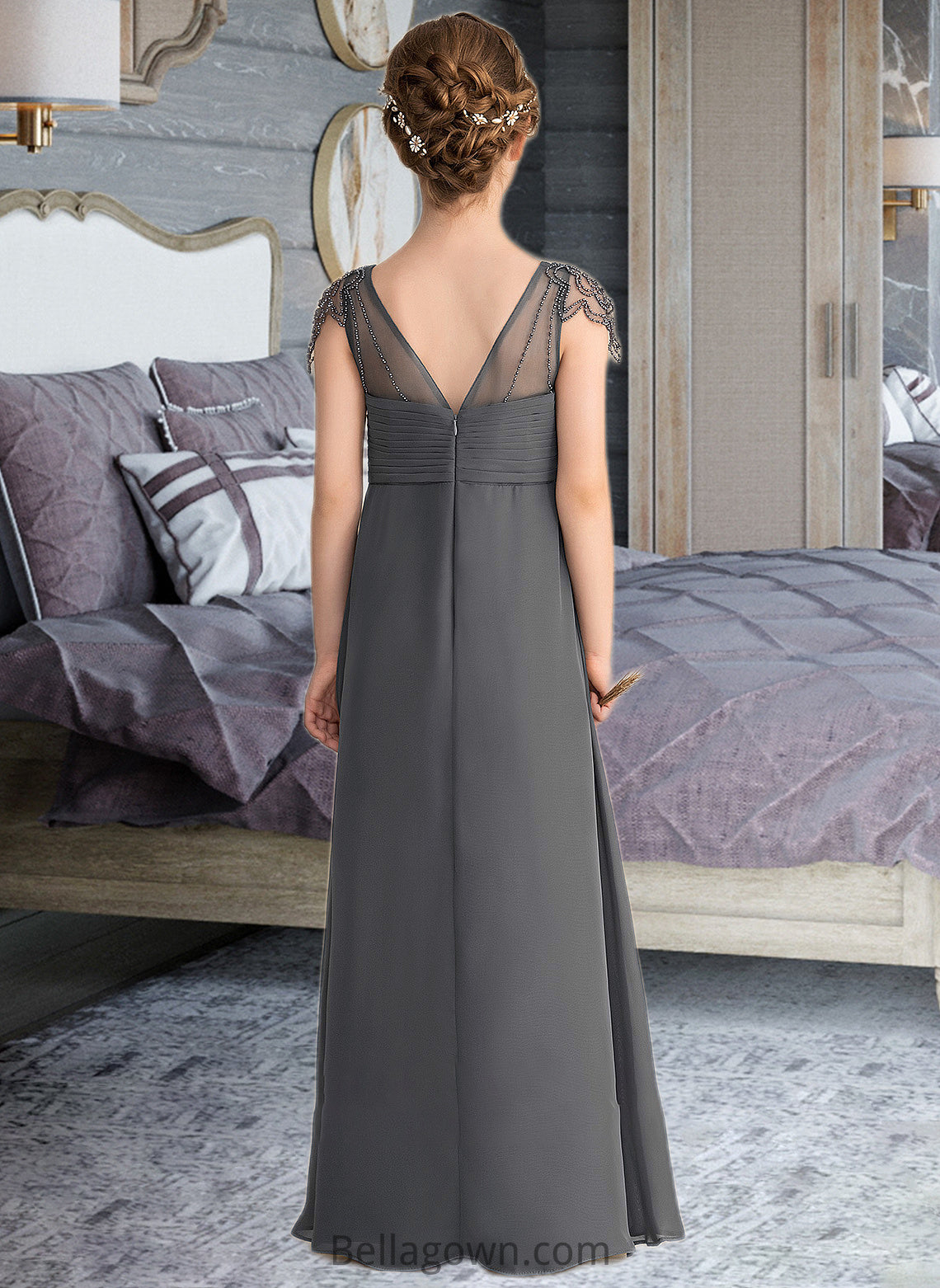 Anne A-Line V-neck Floor-Length Chiffon Junior Bridesmaid Dress With Ruffle Beading DNP0013653