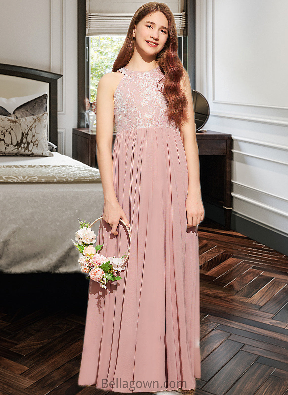 Priscilla A-Line Scoop Neck Floor-Length Chiffon Lace Junior Bridesmaid Dress With Sequins DNP0013655