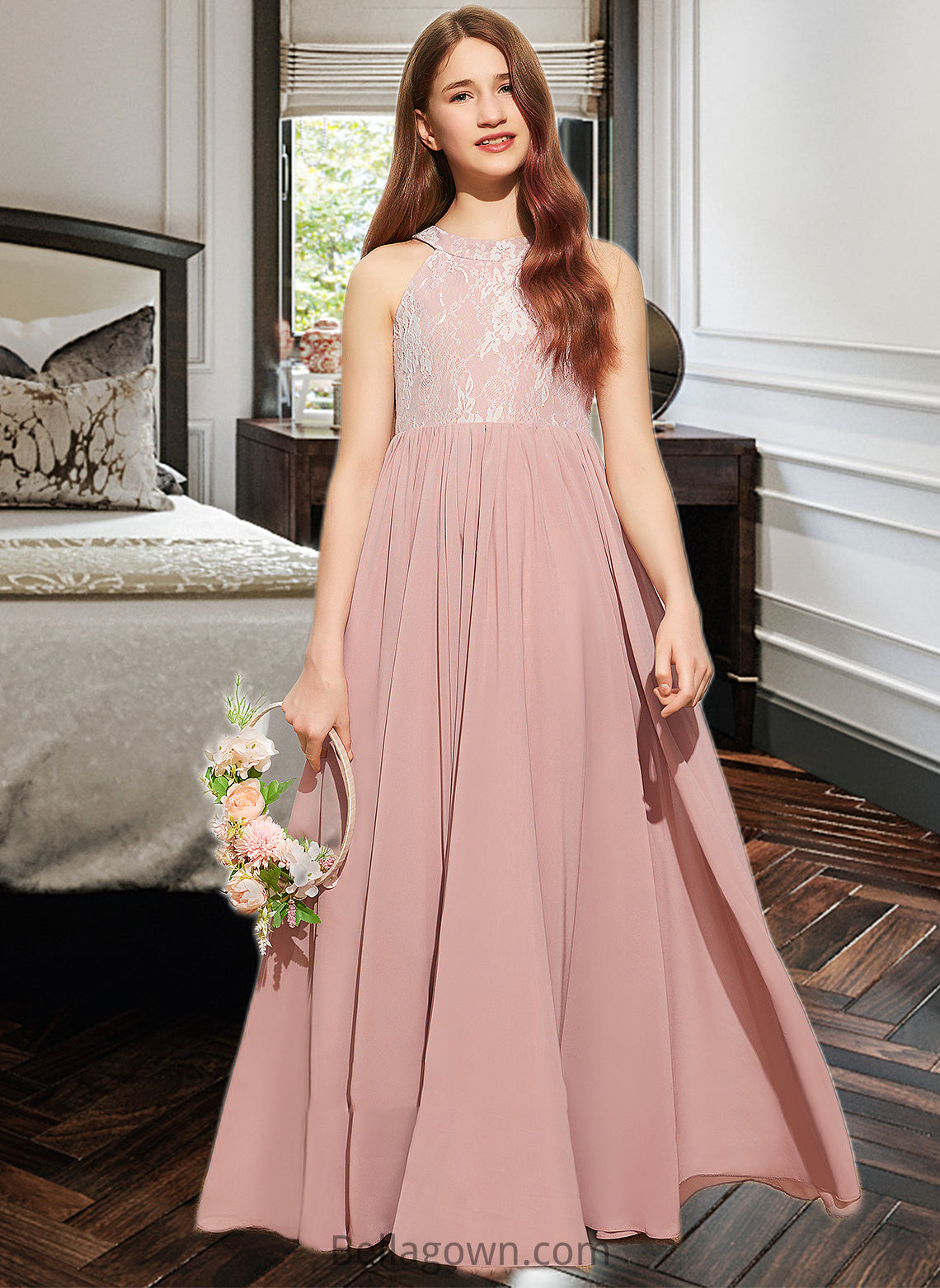 Priscilla A-Line Scoop Neck Floor-Length Chiffon Lace Junior Bridesmaid Dress With Sequins DNP0013655