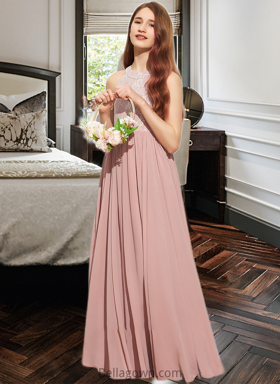 Priscilla A-Line Scoop Neck Floor-Length Chiffon Lace Junior Bridesmaid Dress With Sequins DNP0013655