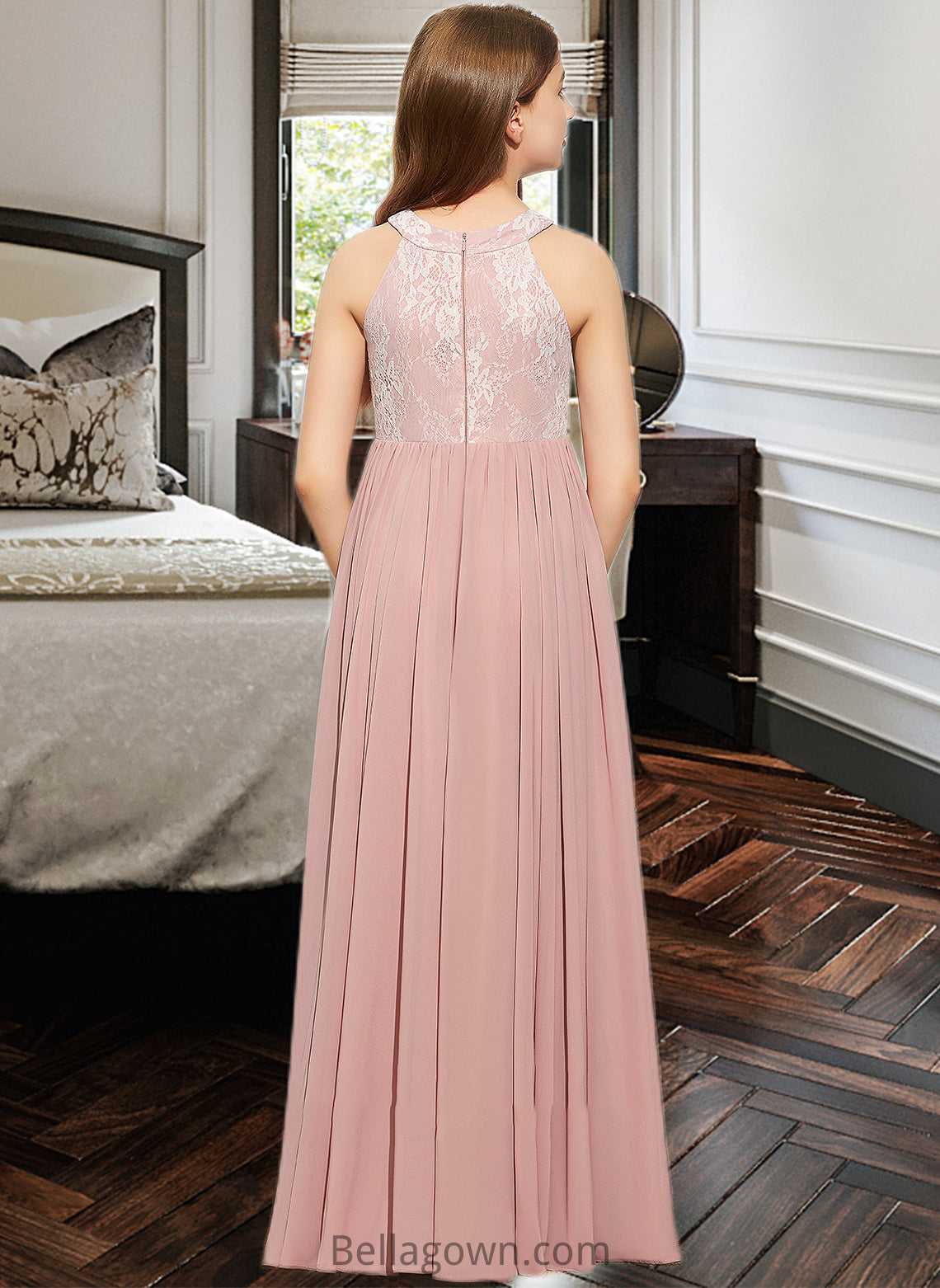 Priscilla A-Line Scoop Neck Floor-Length Chiffon Lace Junior Bridesmaid Dress With Sequins DNP0013655