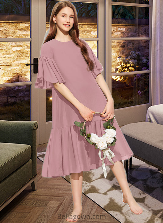 Leyla A-Line Scoop Neck Knee-Length Chiffon Junior Bridesmaid Dress With Cascading Ruffles DNP0013656