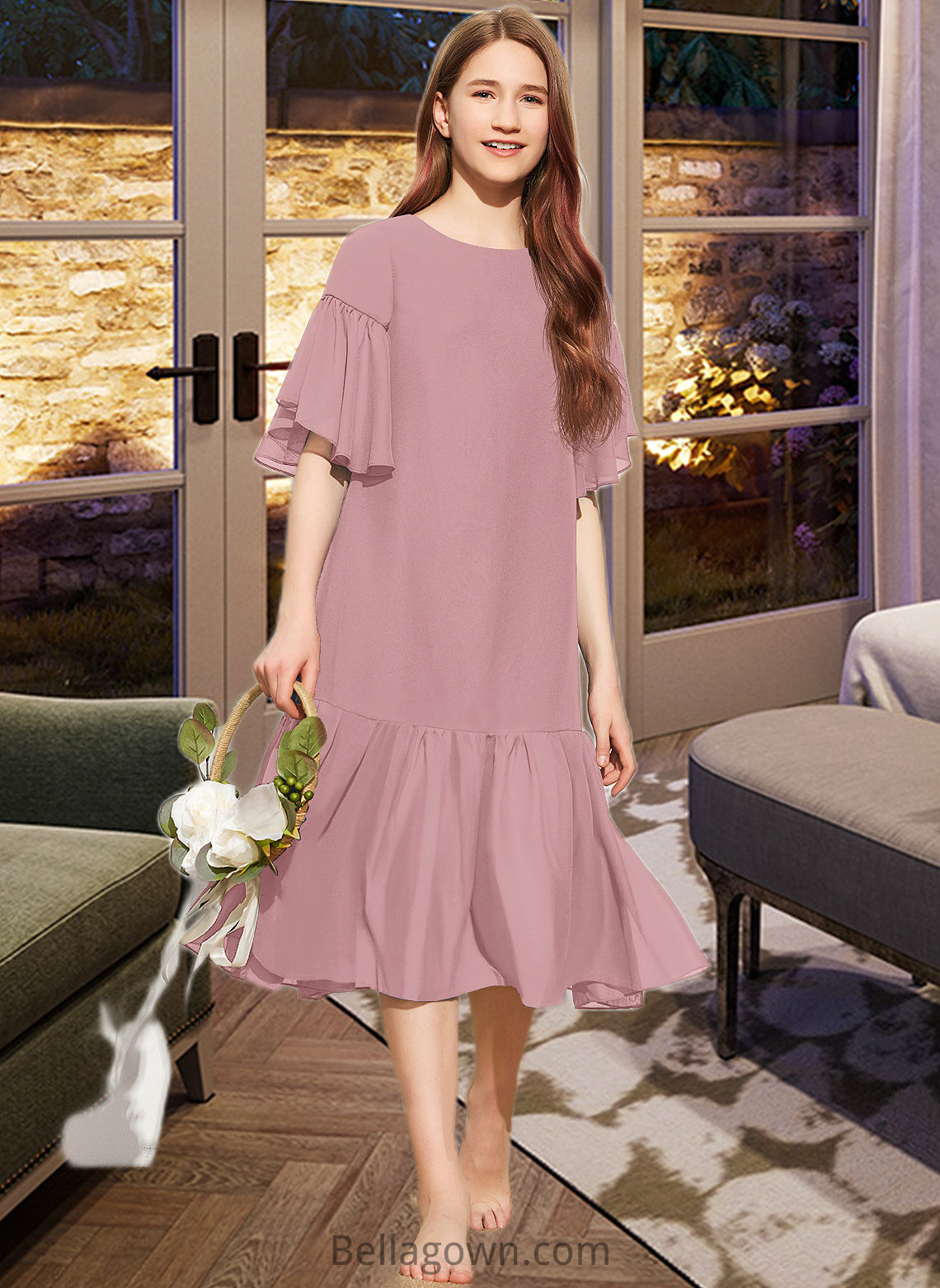 Leyla A-Line Scoop Neck Knee-Length Chiffon Junior Bridesmaid Dress With Cascading Ruffles DNP0013656