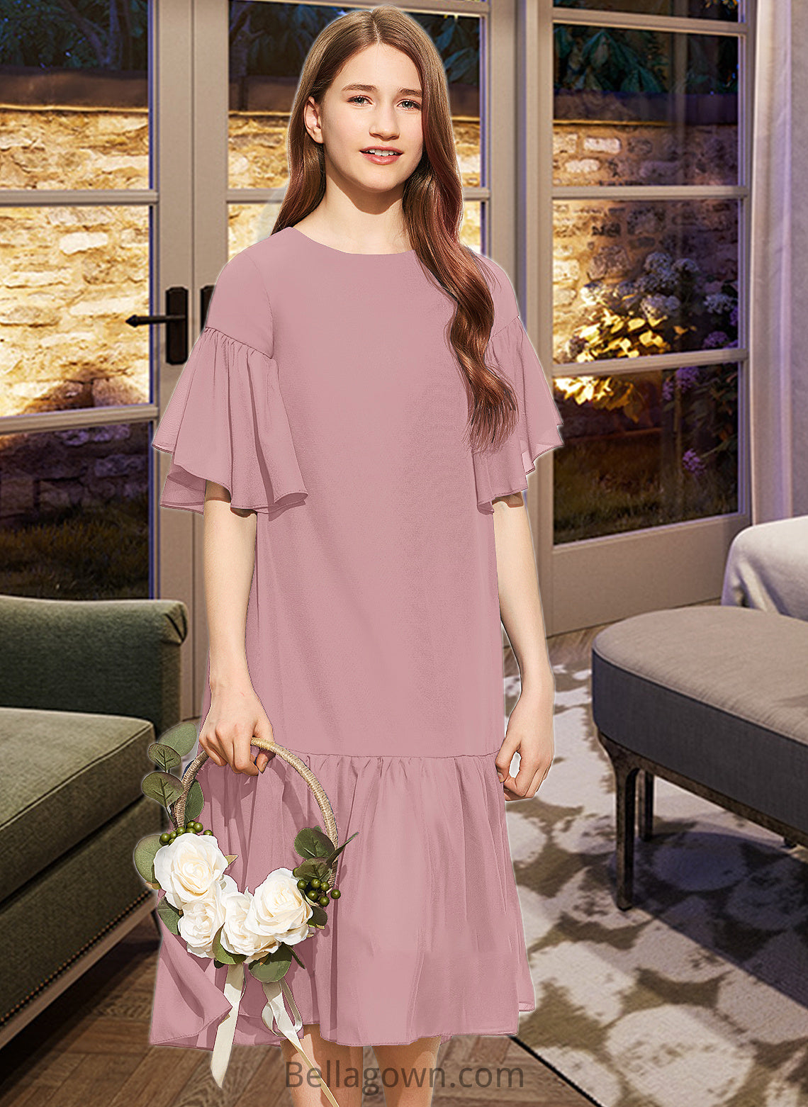 Leyla A-Line Scoop Neck Knee-Length Chiffon Junior Bridesmaid Dress With Cascading Ruffles DNP0013656