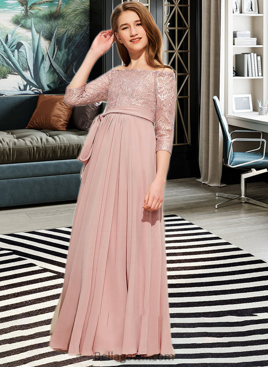 Zara A-Line Off-the-Shoulder Floor-Length Chiffon Lace Junior Bridesmaid Dress With Bow(s) DNP0013658