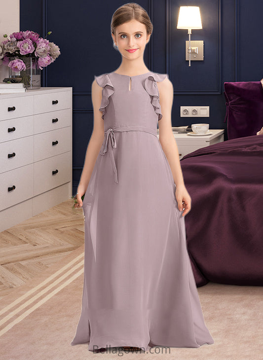 Lola A-Line Scoop Neck Floor-Length Chiffon Junior Bridesmaid Dress With Bow(s) Cascading Ruffles DNP0013659