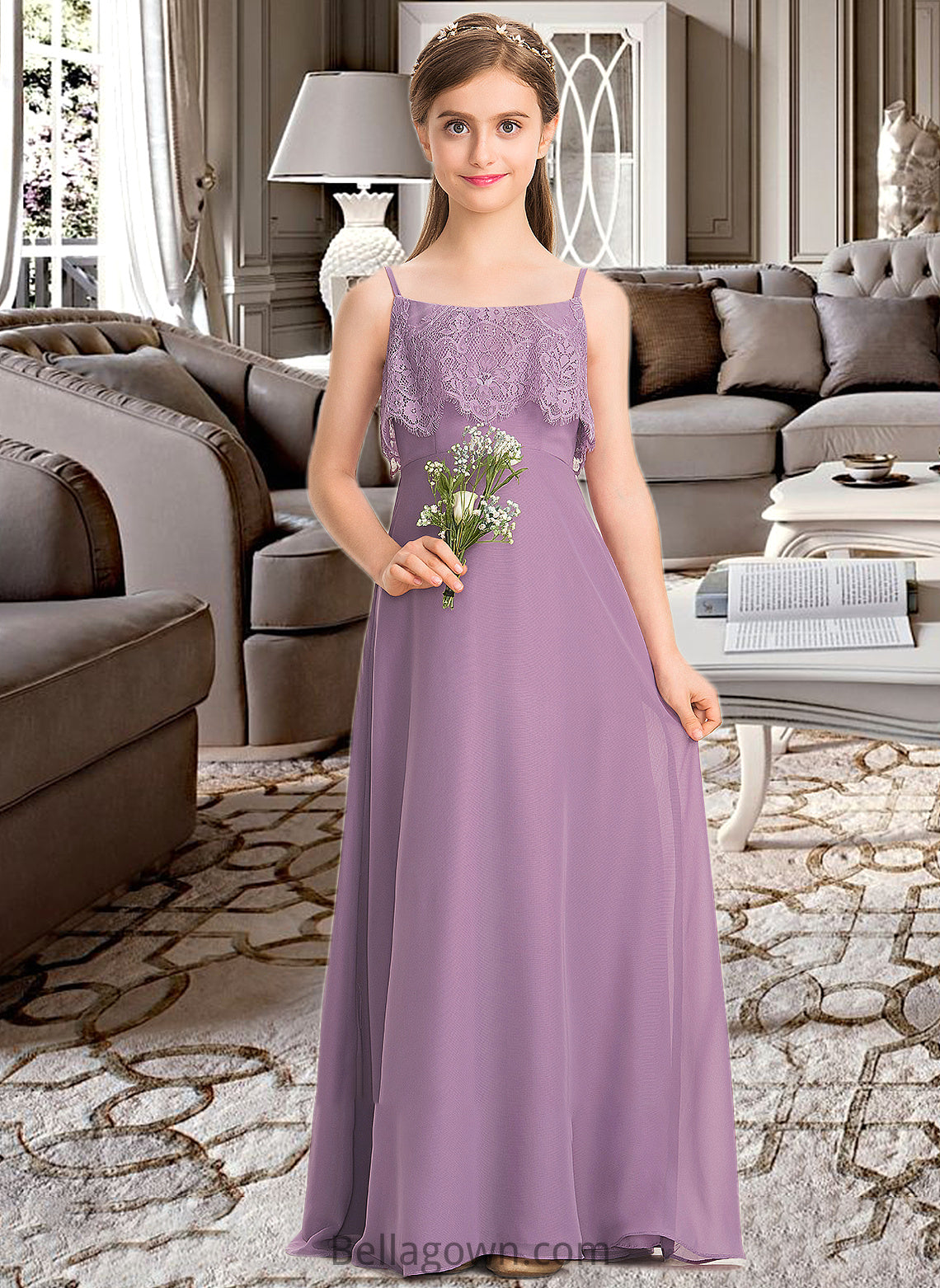 Kiana A-Line Square Neckline Floor-Length Chiffon Lace Junior Bridesmaid Dress DNP0013660