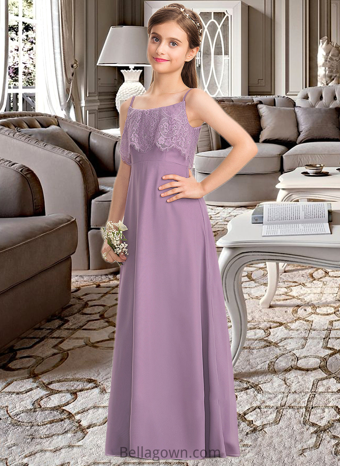 Kiana A-Line Square Neckline Floor-Length Chiffon Lace Junior Bridesmaid Dress DNP0013660