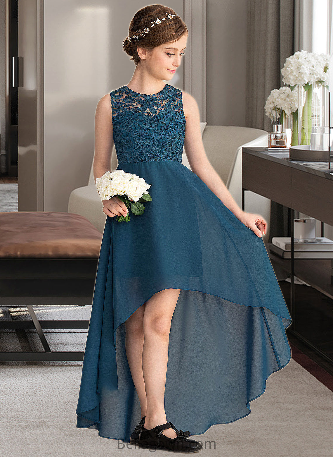 Melinda A-Line Scoop Neck Asymmetrical Chiffon Lace Junior Bridesmaid Dress DNP0013661